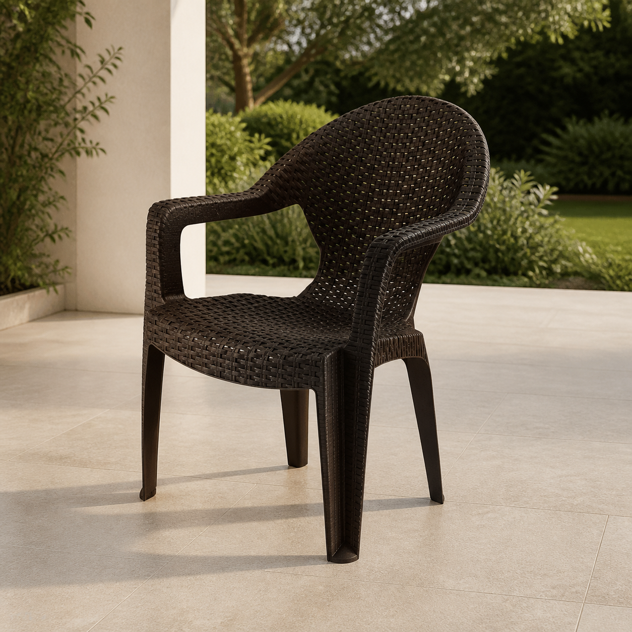 Sillas Plasticas Chocolate Rattan en ambiente exterior