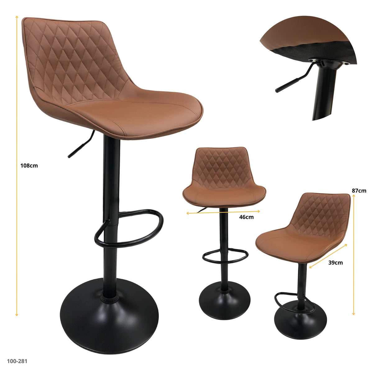 Silla de bar cuerina rombos chocolate base negra 100-281