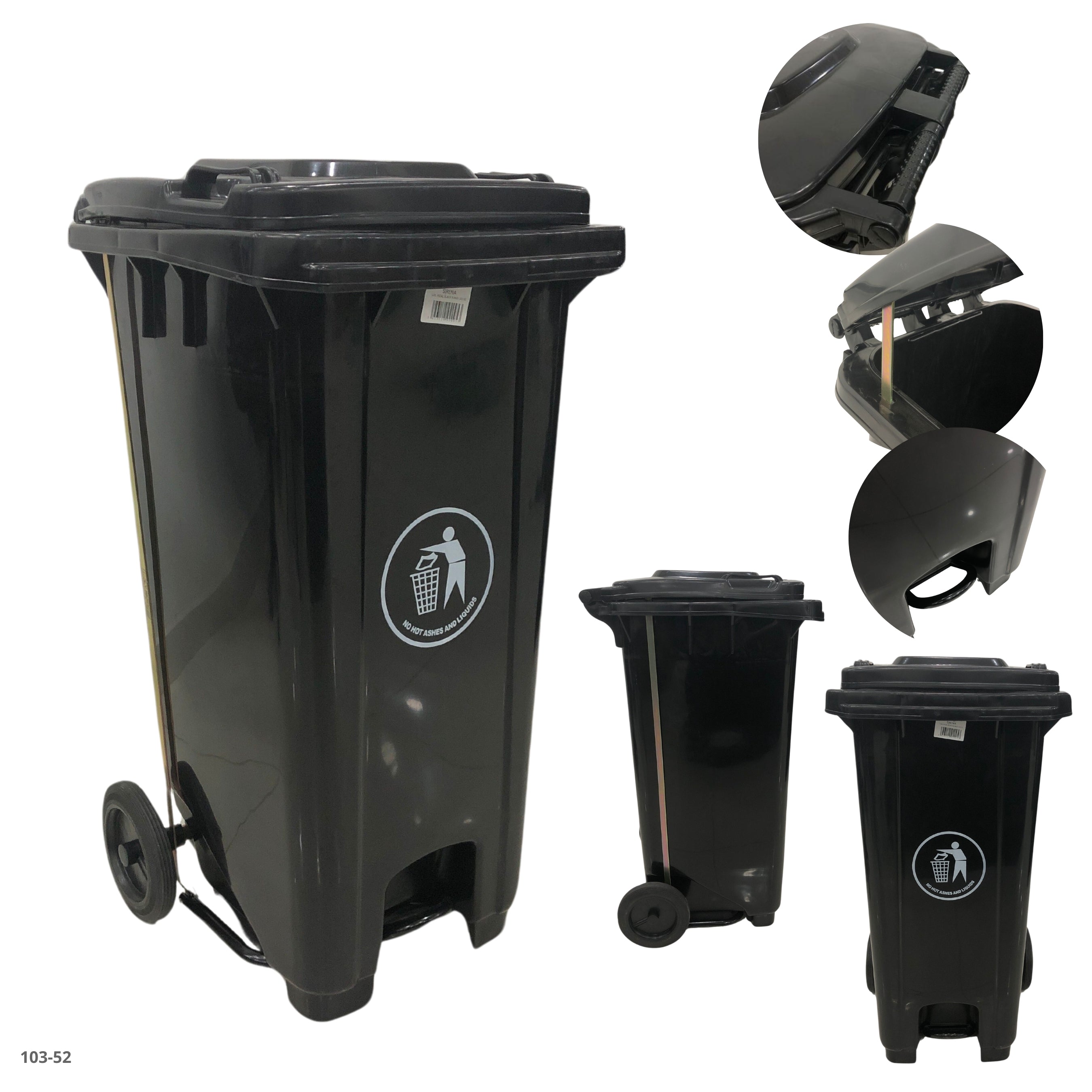 Basurero 120L negro con llantas y pedal