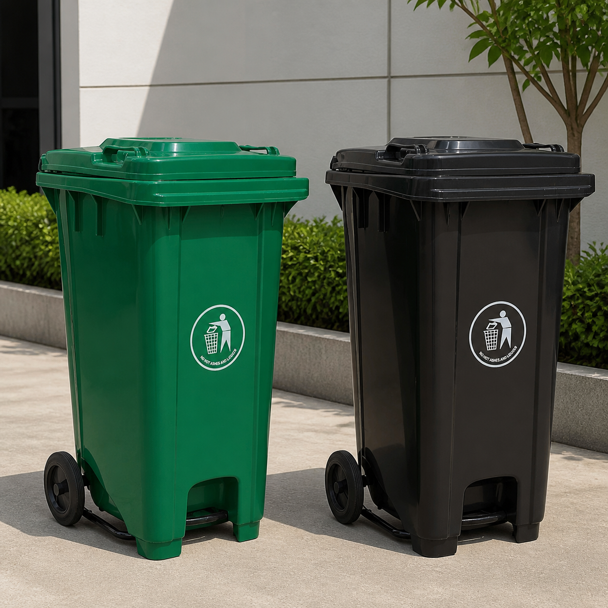 Basureros 120L verde y negro con llantas y pedal en ambiente comercial