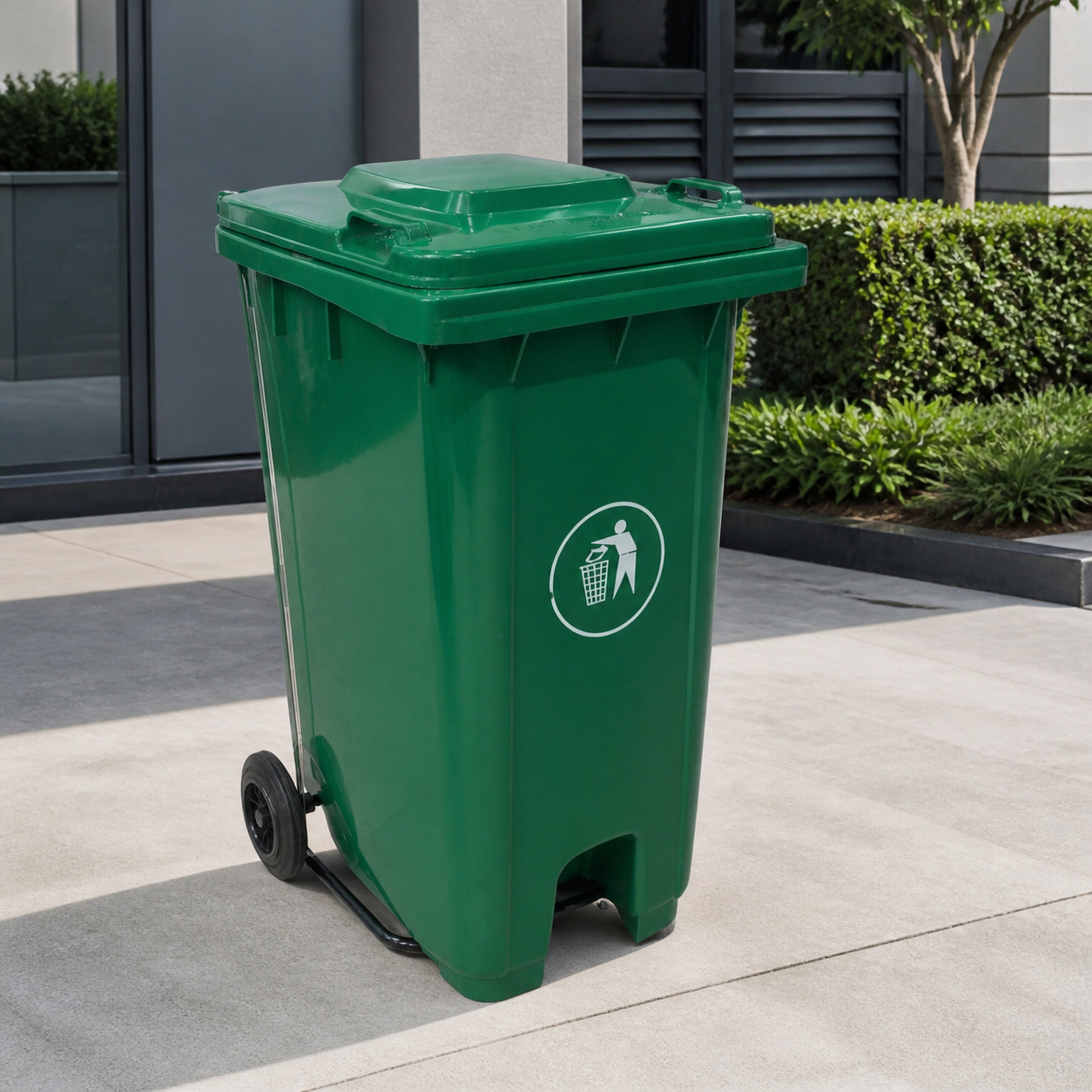 Basurero 240L verde con llantas y pedal en ambiente residencial
