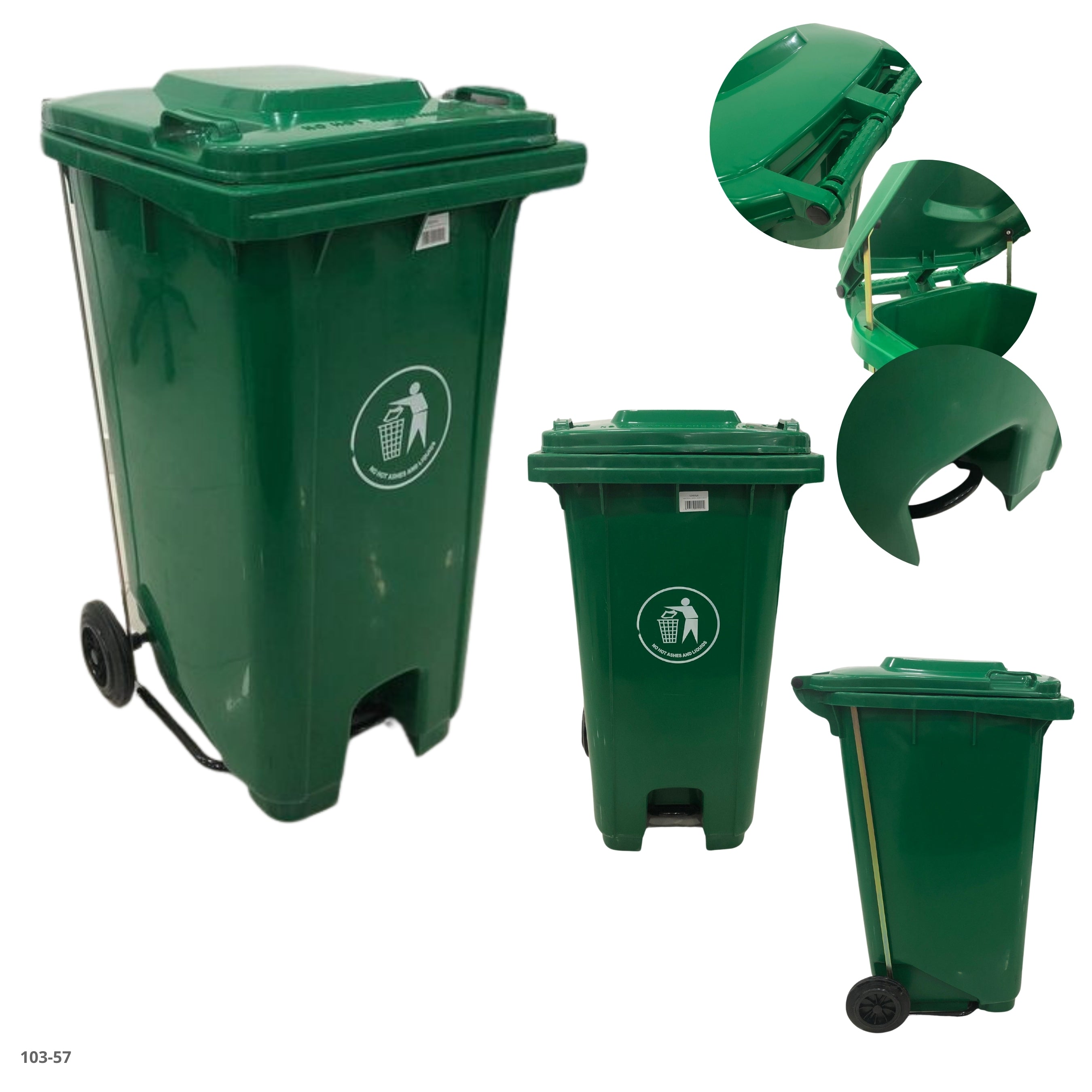 BASURERO 240L VERDE CON LLANTAS Y PEDAL 64 GAL