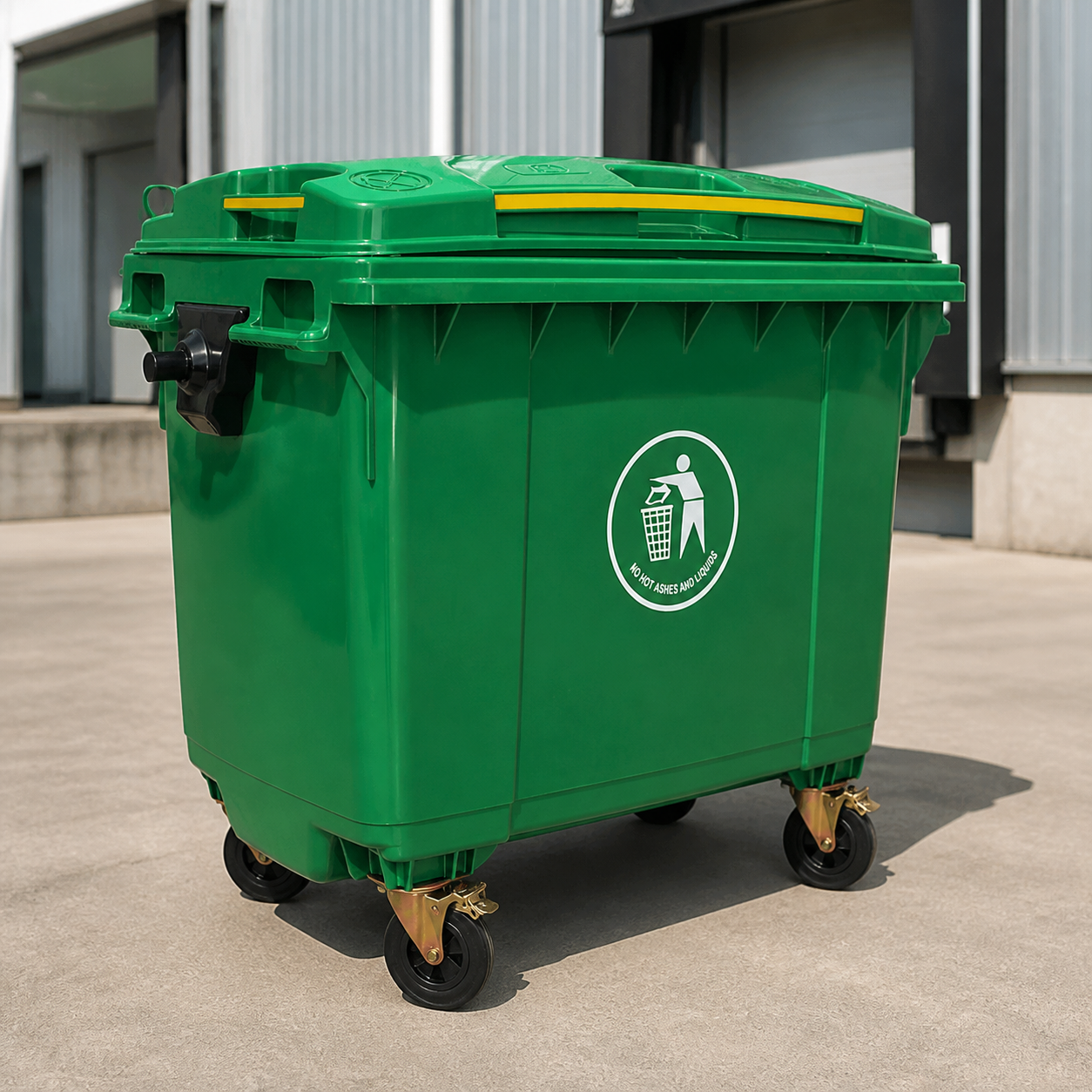 Contenedor de basura 660L verde en ambiente industrial