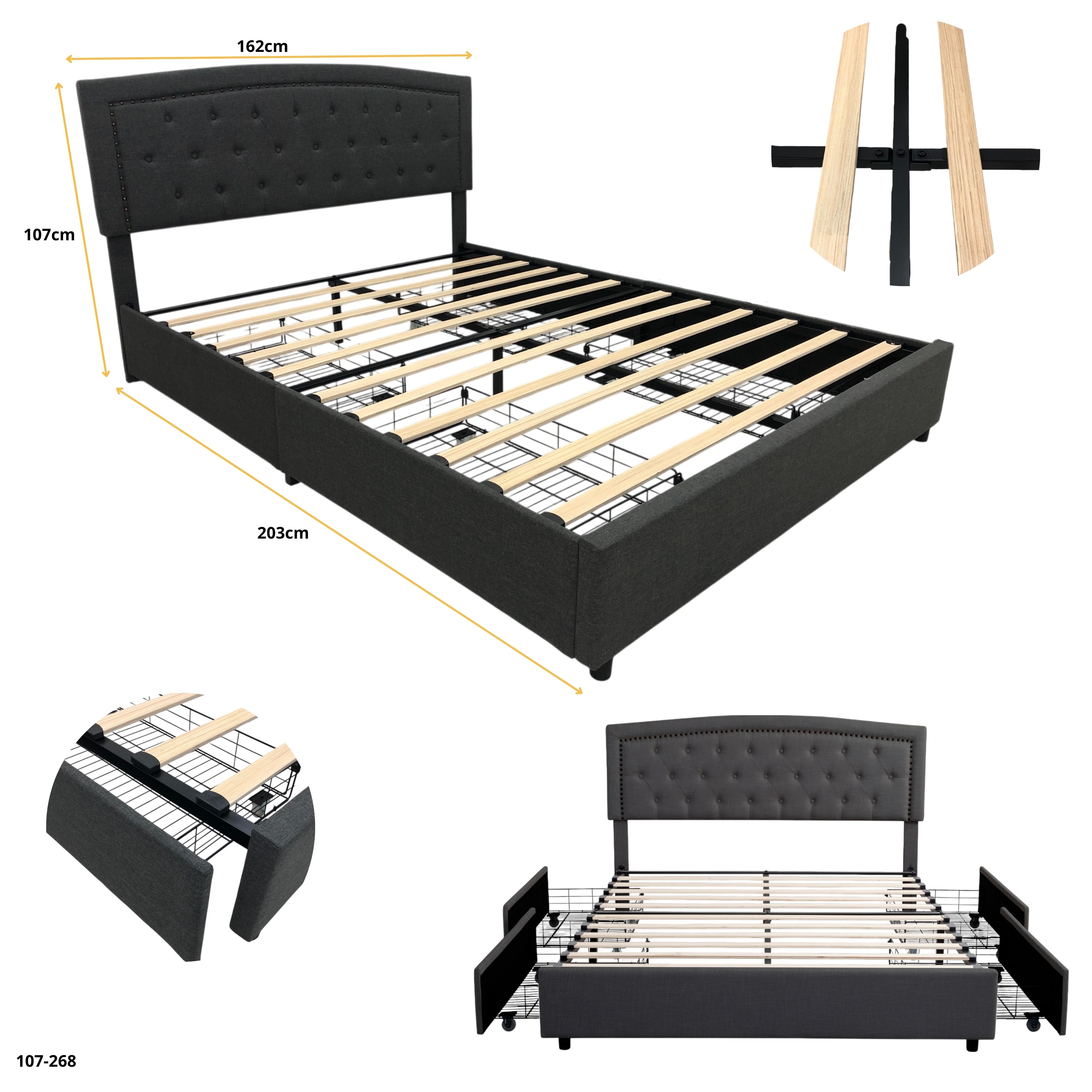 CAMA QUEEN GRIS OSCURO CON 4 GAVETAS