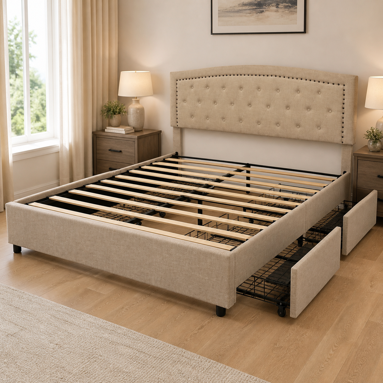 Cama crema con cuatro gavetas en dormitorio