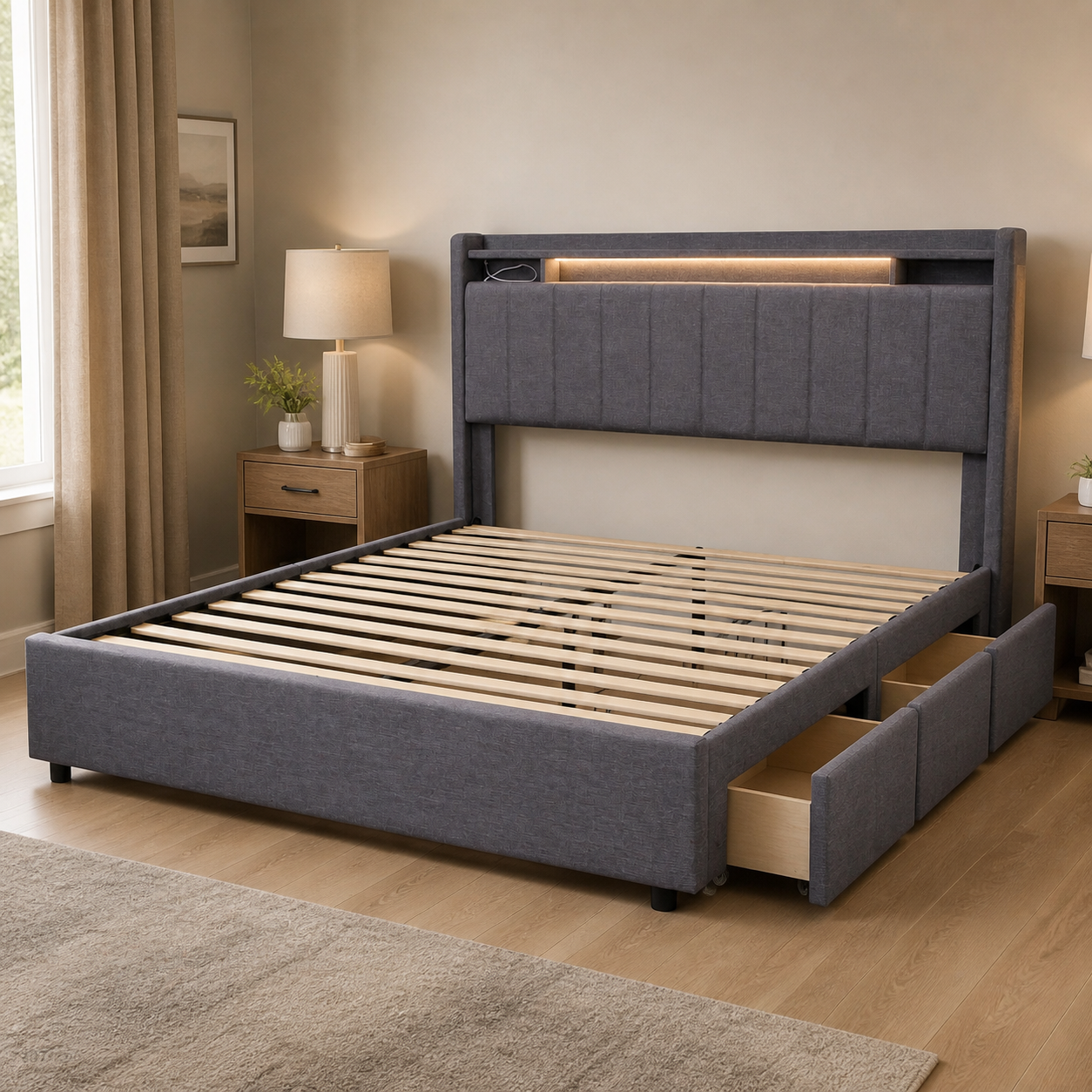 Cama gris con cuatro gavetas, luz LED y conexiones en dormitorio