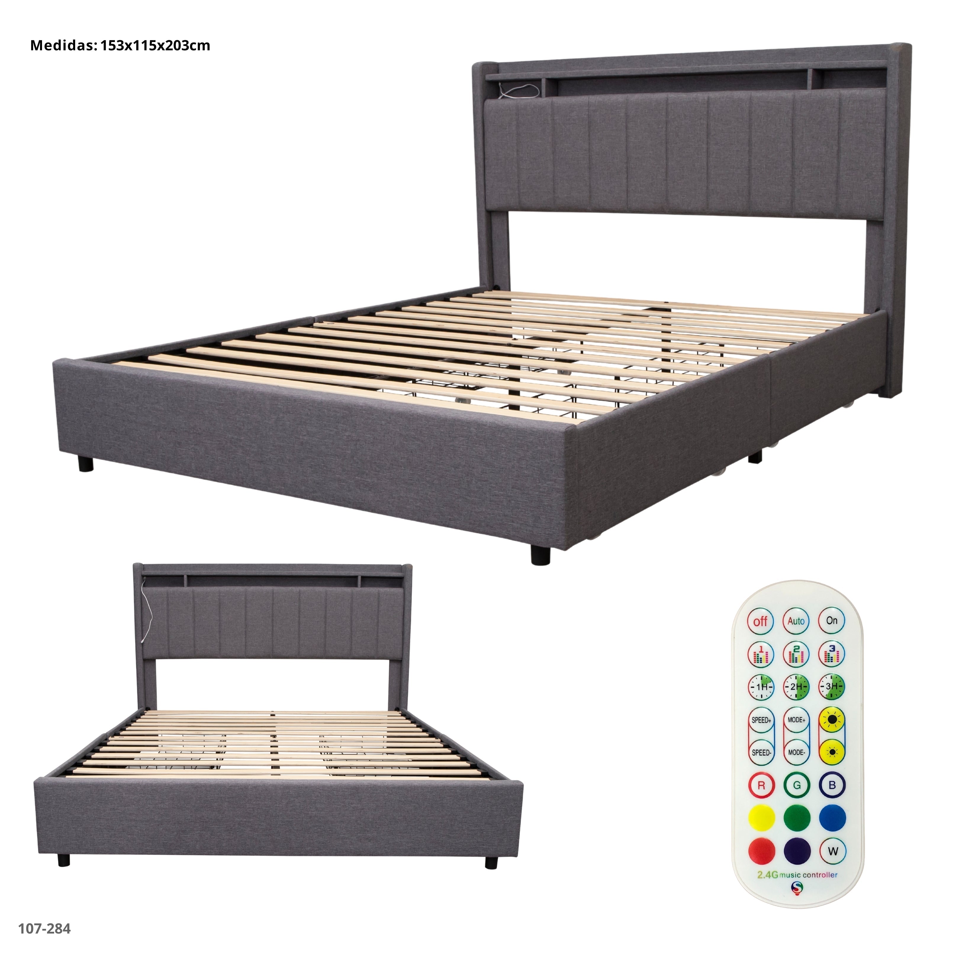 CAMA GRIS CON 4 GAVETAS LED/USB/CONECTOR ELECTRICO
