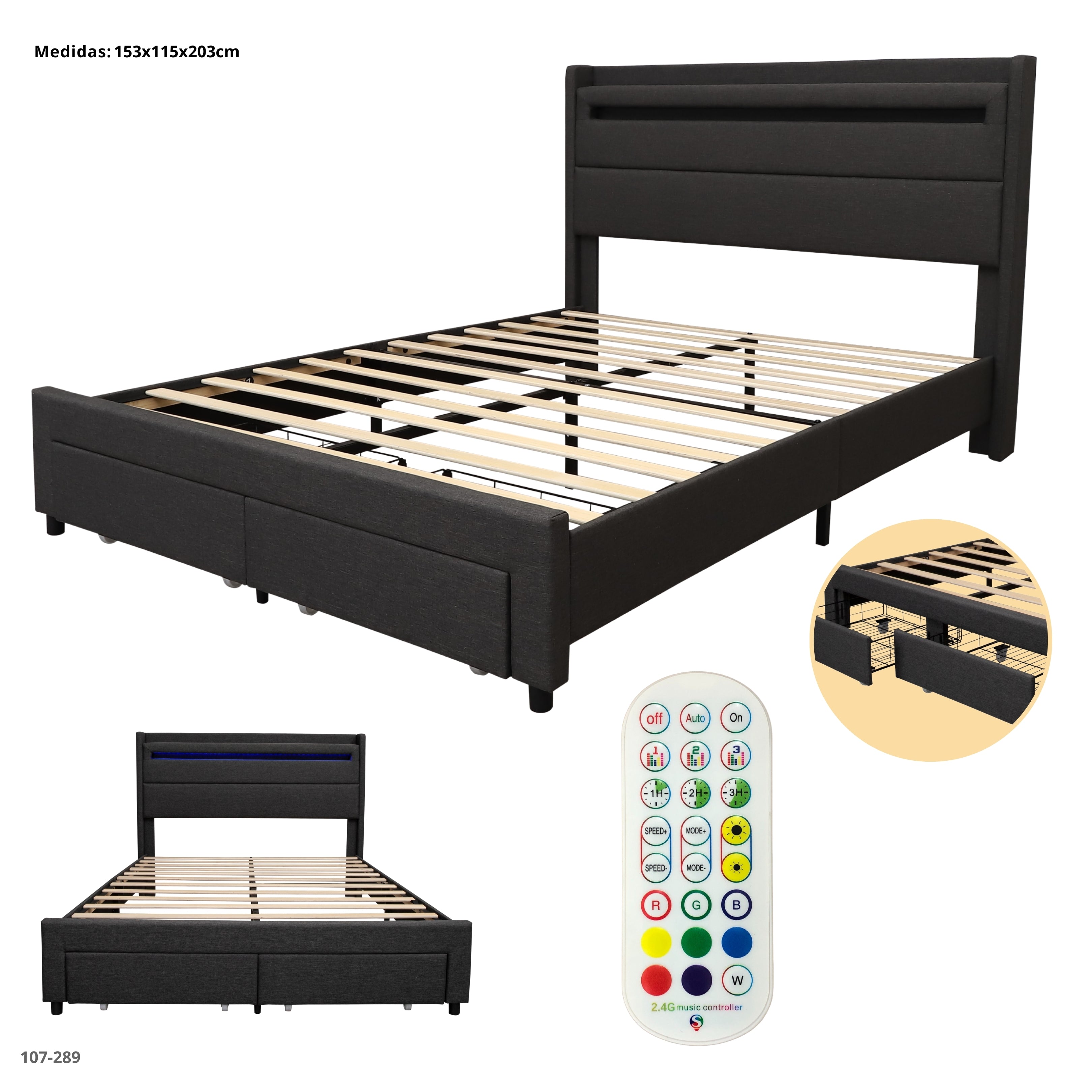 Cama Gris con 2 Gavetas/Led