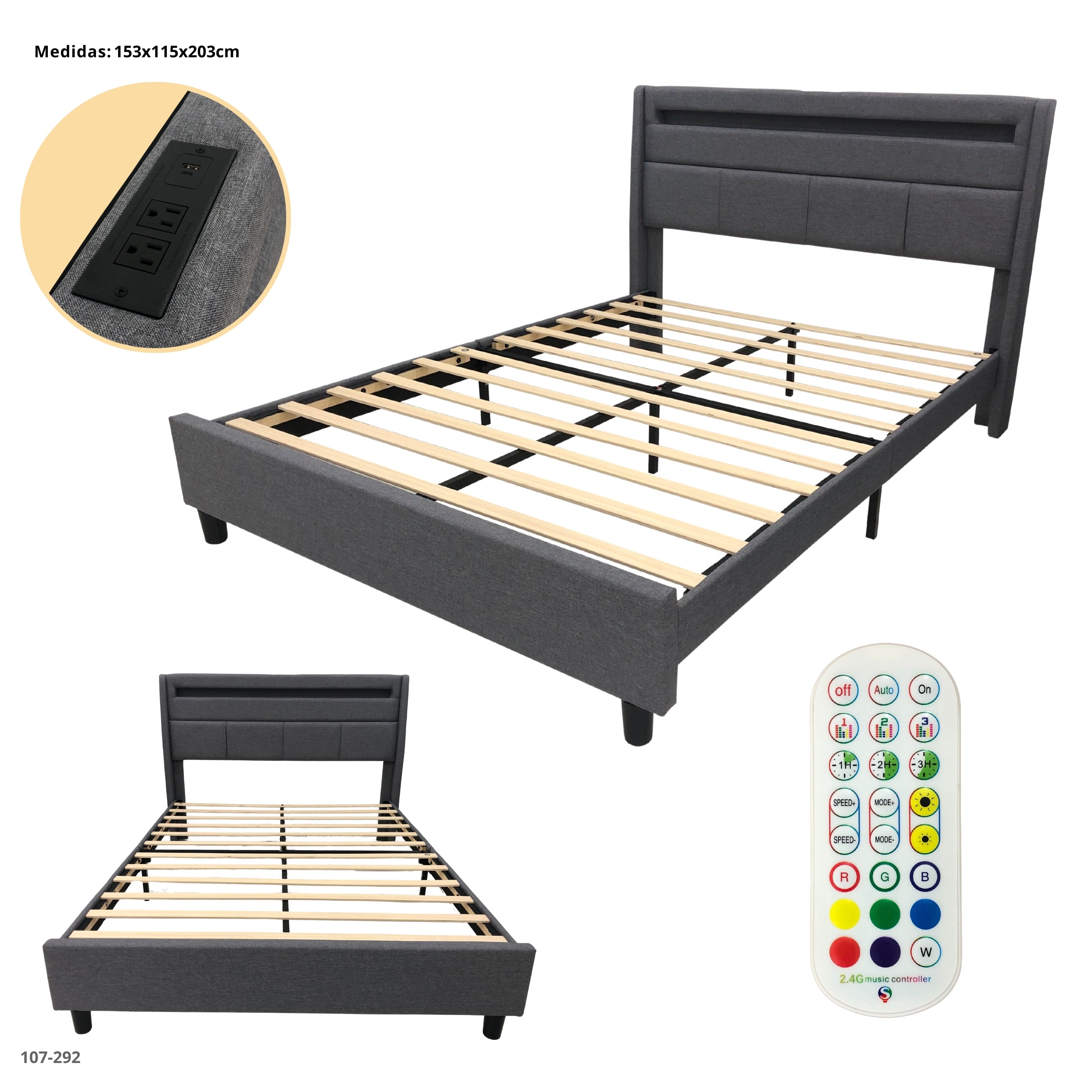CAMA GRIS CON USB/LED/TOMA CORRIENTE