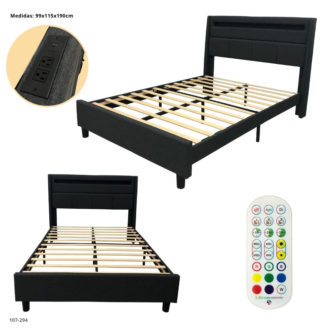 CAMA GRIS OSCURO CON USB/LED/TOMA CORRIENTE