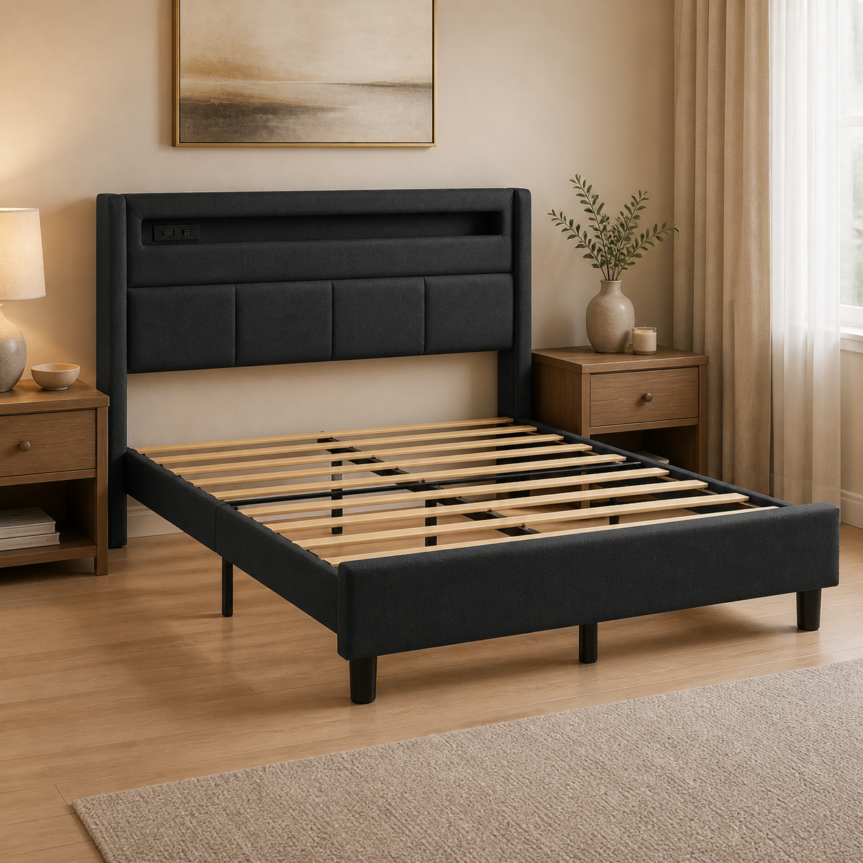 Cama gris oscuro con USB, luz LED y toma corriente en dormitorio