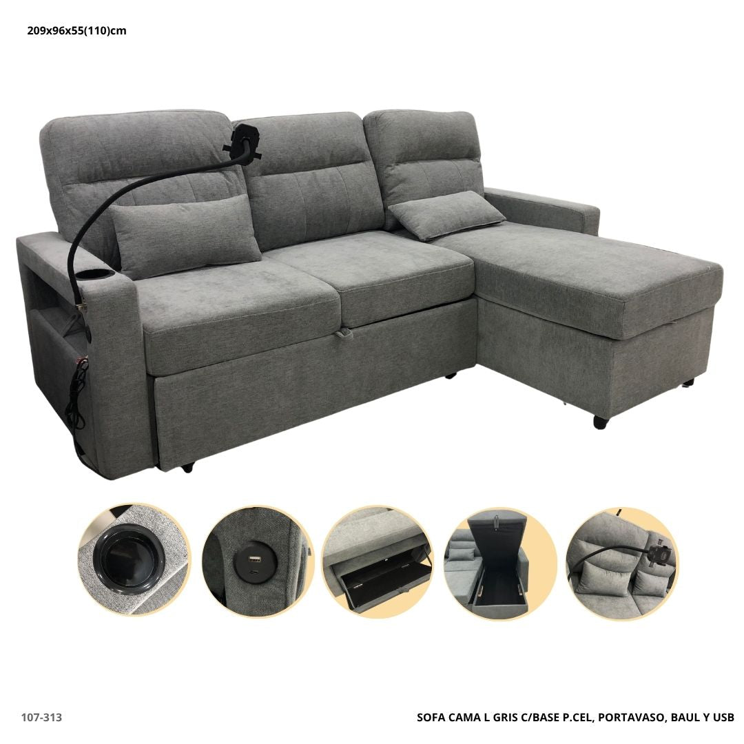 Sofa Cama L Gris C/Base P.Cel, Portavaso, Baul y USB