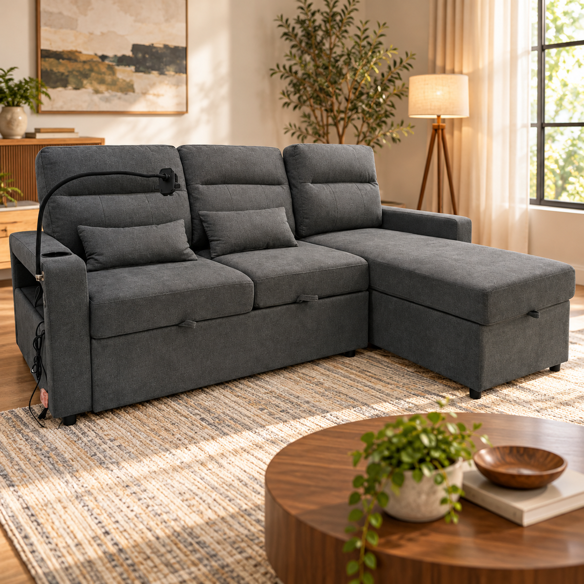 Sofa Cama L Gris Oscuro C/Base P.Cel, Portavaso, Baul y USB en ambiente
