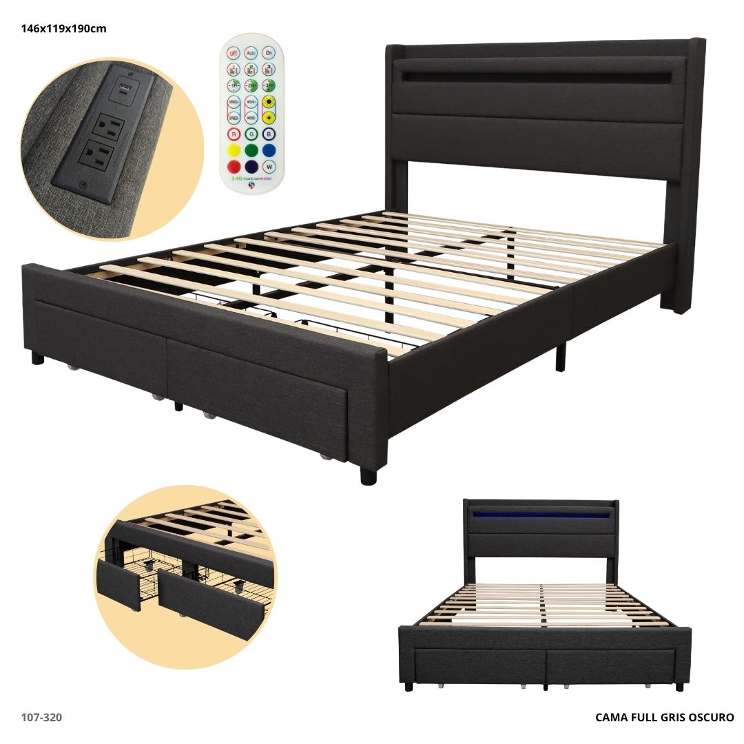 Cama Gris con 2 Gavetas/Led