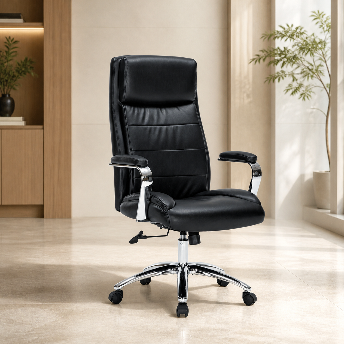 Silla de Oficina Grande Cuerina Negra Cap 240LB/109KG en ambiente exterior