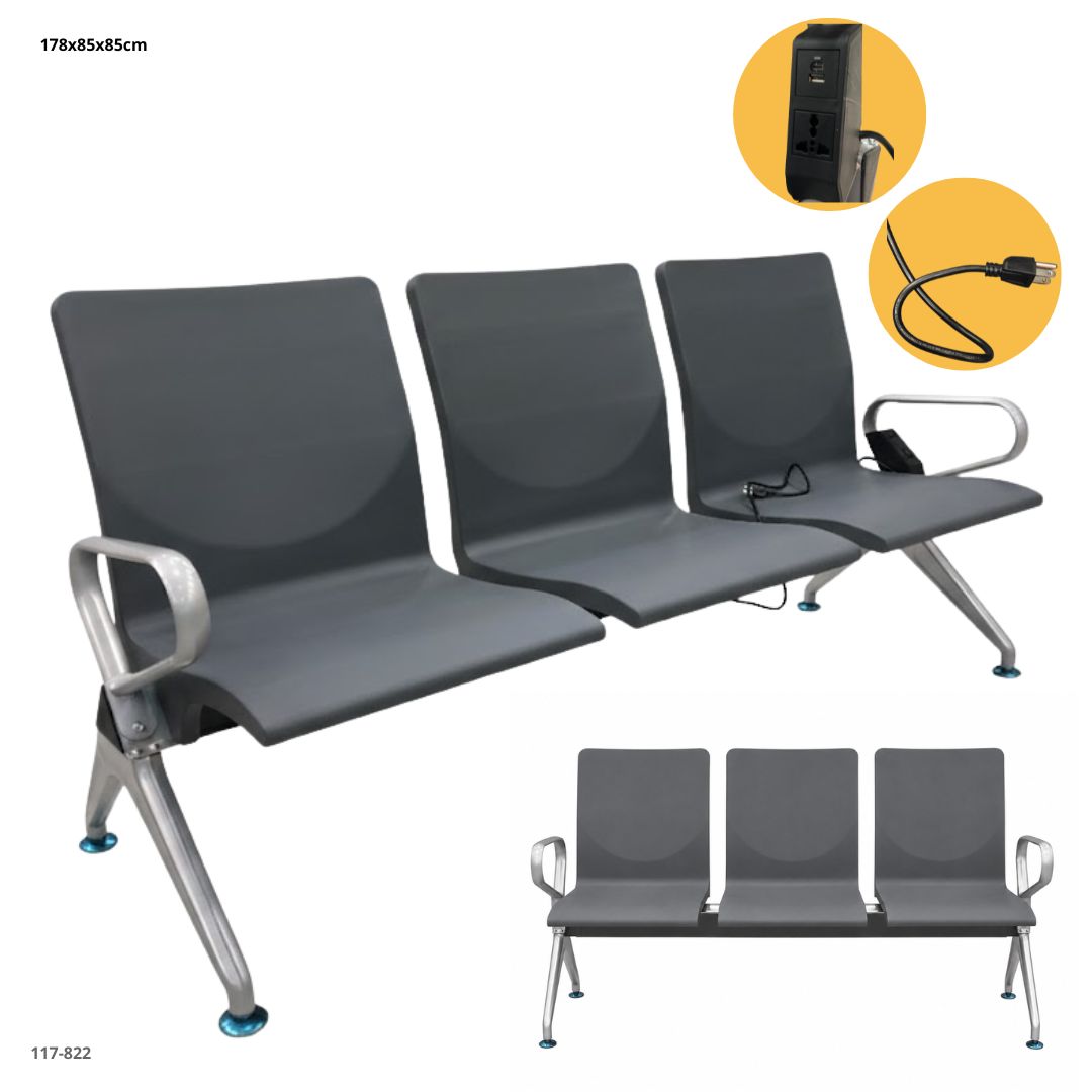 Set 3 Sillas Gris Plastica C/Toma Corriente