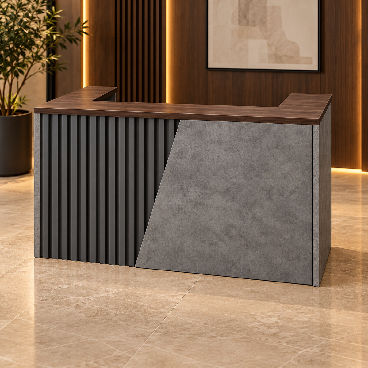Recepción 122-1057 en ambiente de oficina con madera e iluminación cálida