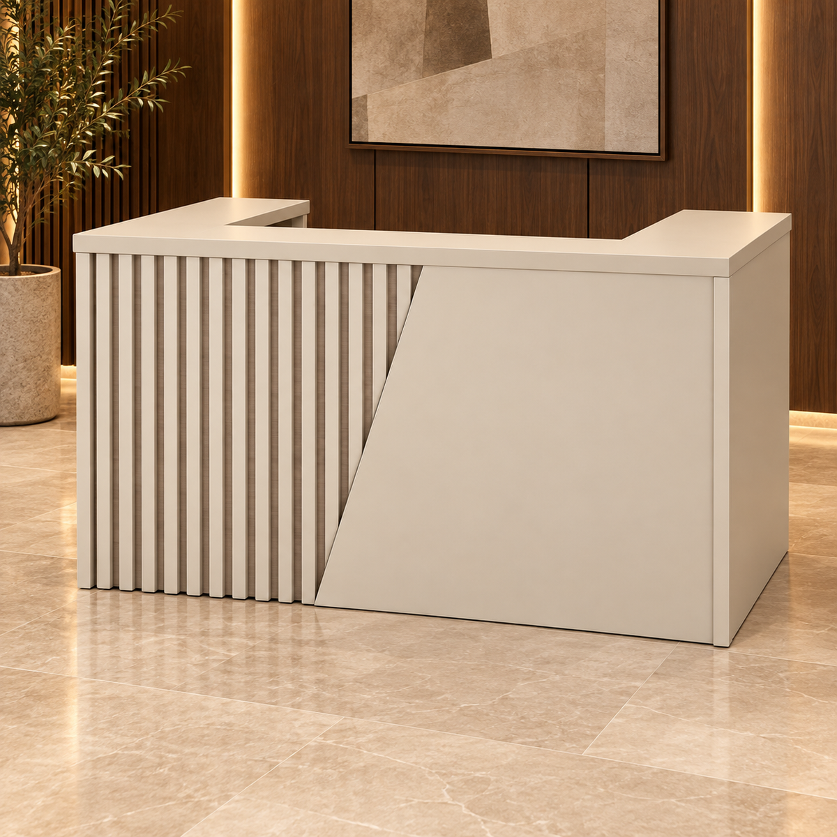 Recepción 122-1058 en ambiente de oficina con madera e iluminación cálida