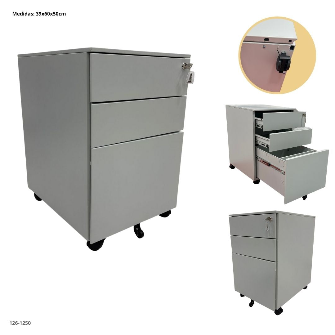 ARCHIVADOR METALICO 3 GAVETAS PEQUEÑO GRIS CLARO CON RUEDA