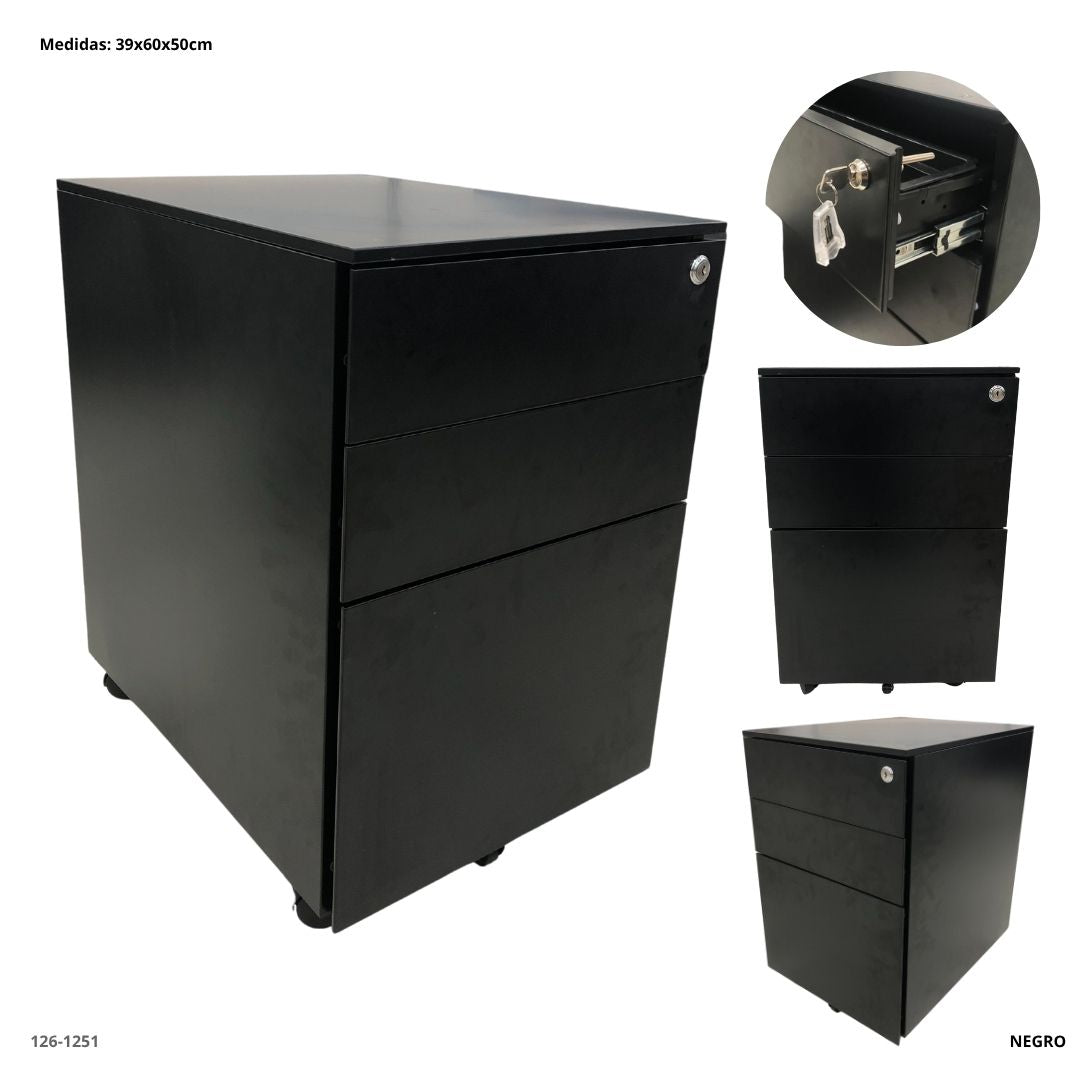 ARCHIVADOR METALICO 3 GAVETAS PEQUEÑO NEGRO CON RUEDAS 1