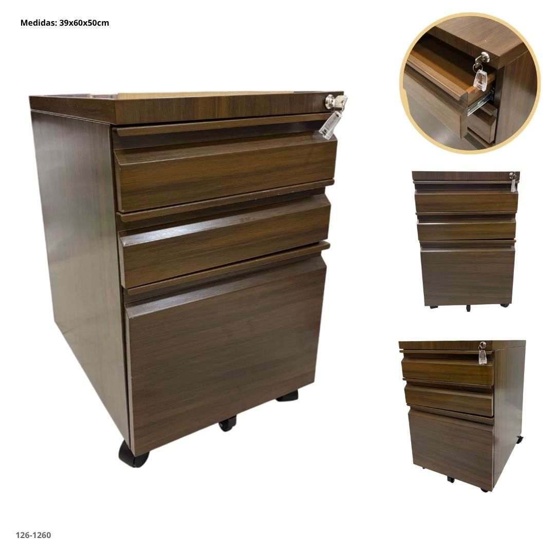 ARCHIVADOR METALICO 3 GAVETAS PEQUEÑO COLOR MADERA OSCURO CON RUEDA - madera