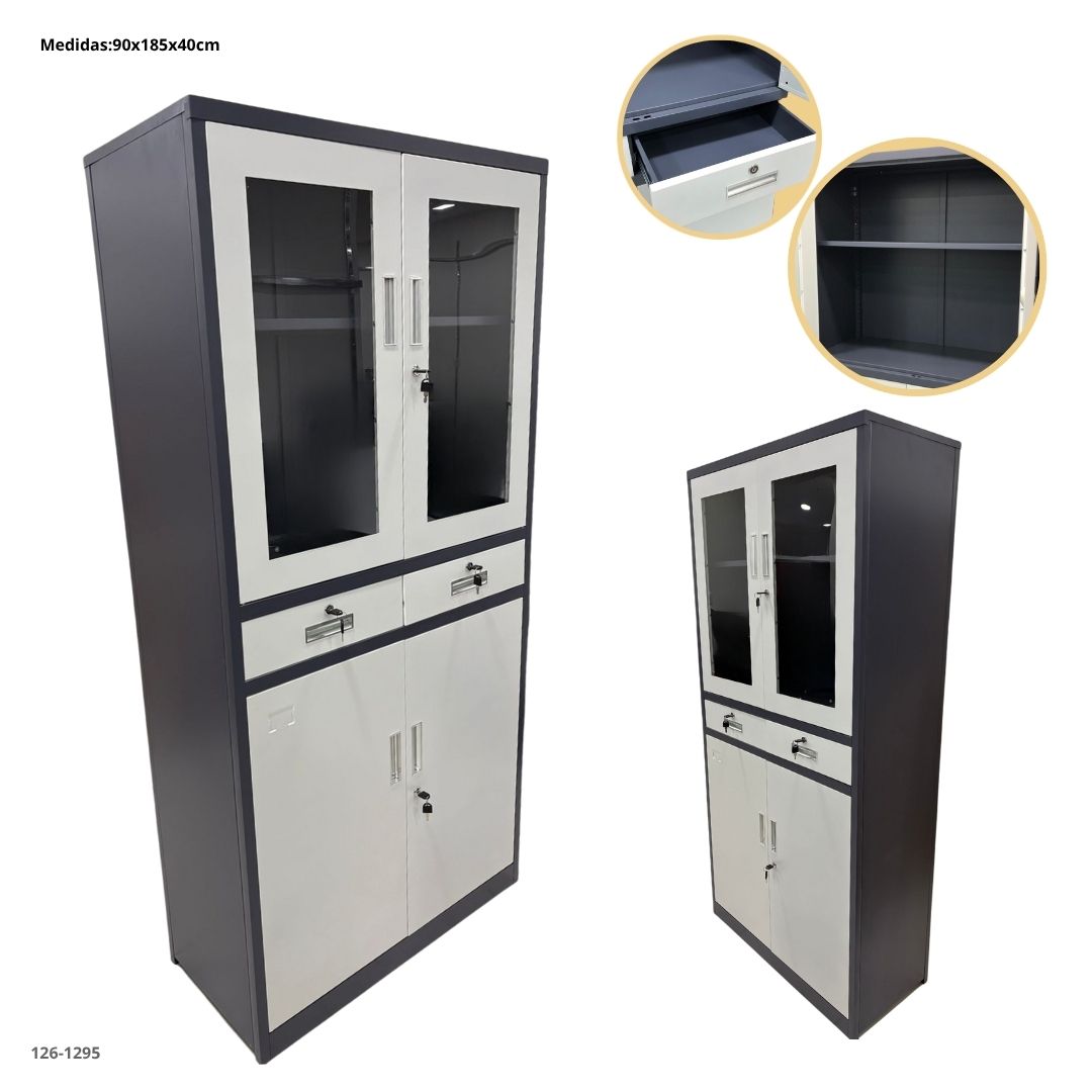 GABINETE METALICO CON 2 GAVETAS Y 2 PUERTAS DE VIDRIO Y 2 METAL GRIS OSCURO/BLANCO