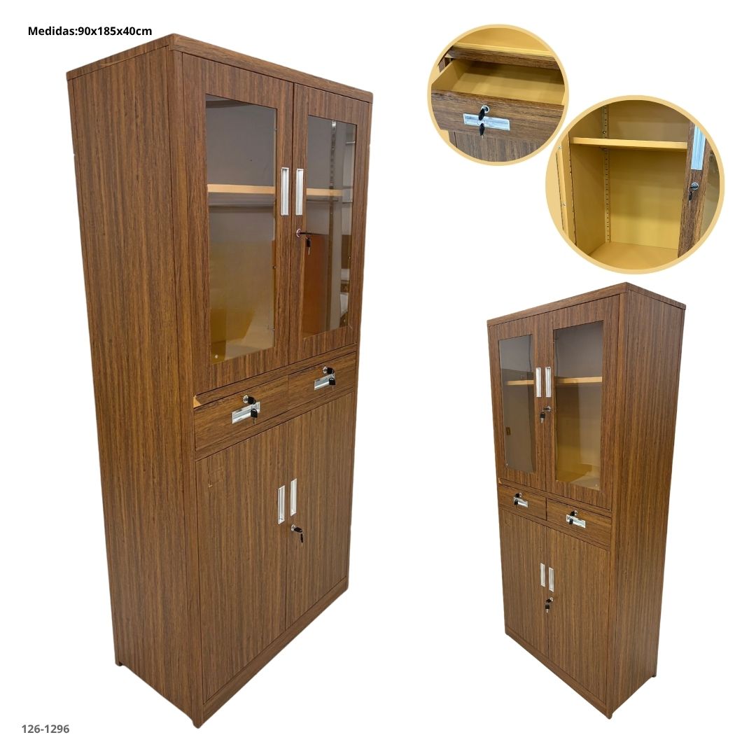 GABINETE METALICO CON 2 GAVETAS Y 2 PUERTAS DE VIDRIO Y 2 METAL COLOR MADERA CLARO - madera