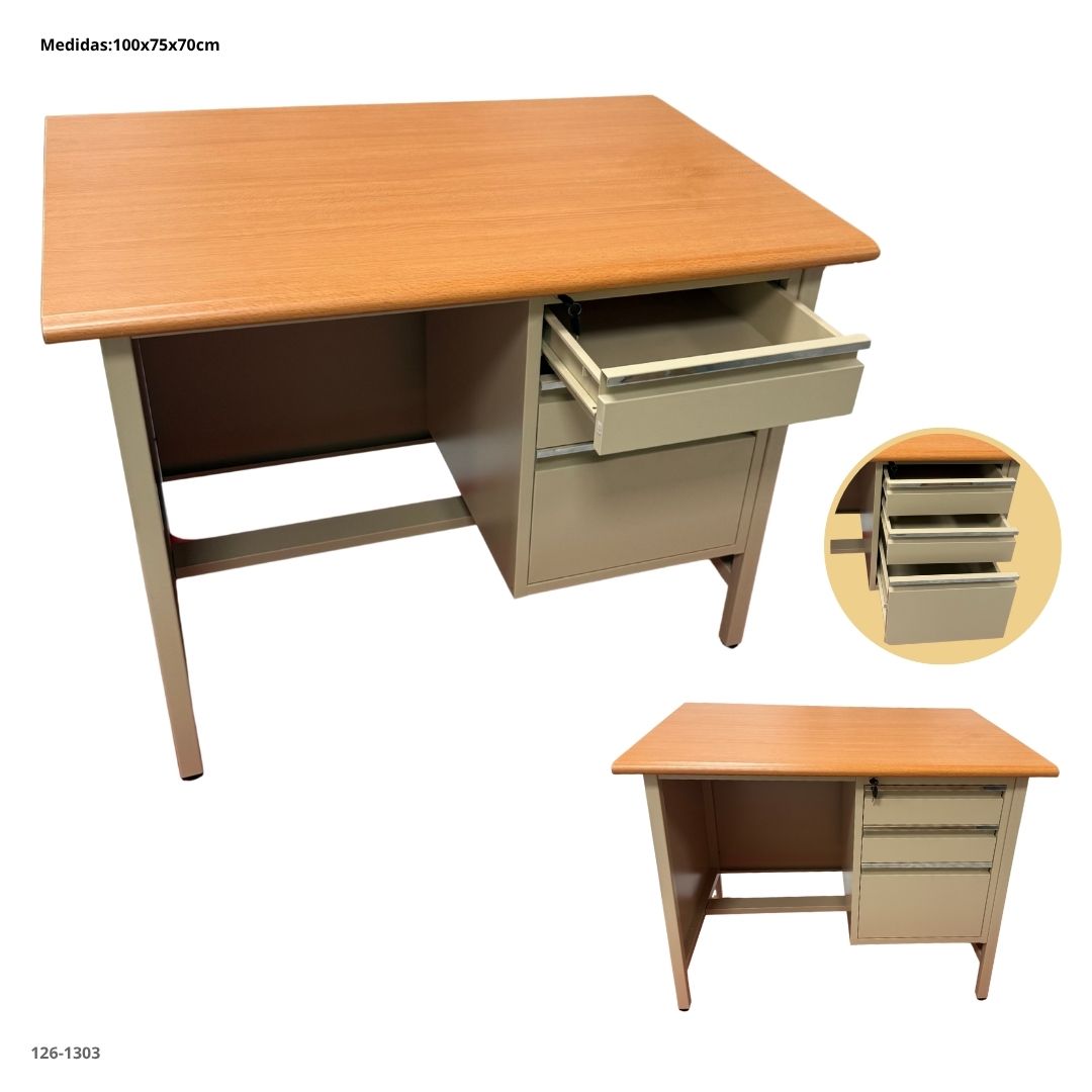 ESCRITORIO DE OFICINA METALICO BEIGE CON 3 GAVETAS 100*70*75CM