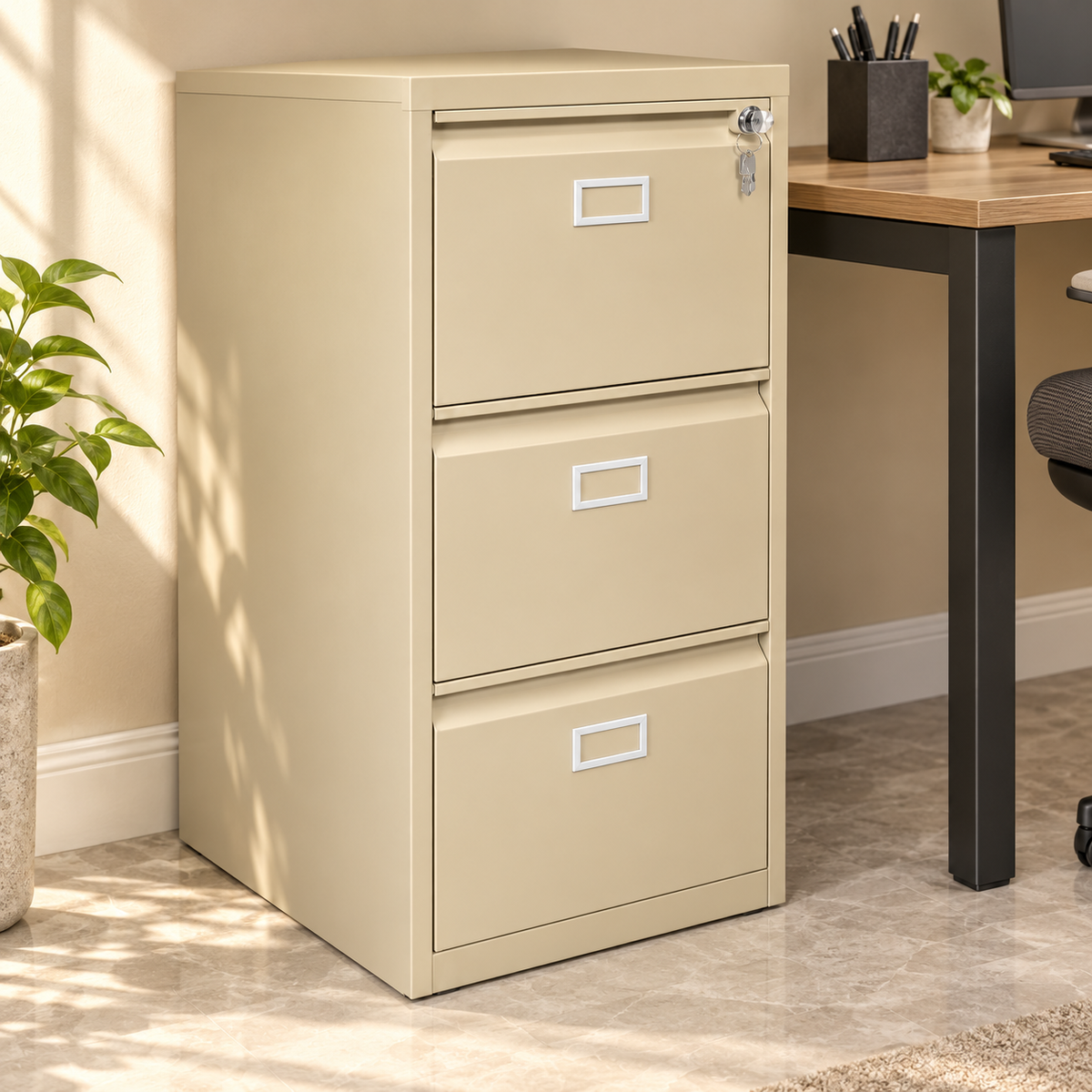 Archivador metálico beige de tres gavetas en oficina luminosa — 126-1314