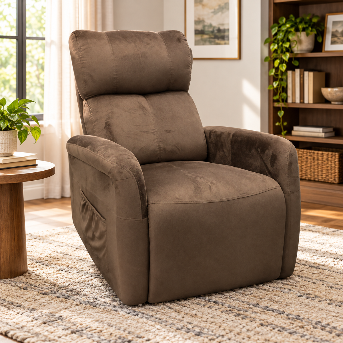 Sofa Reclinable Electrico Asistencia Mayor Tela Chocolate Oscuro en ambiente
