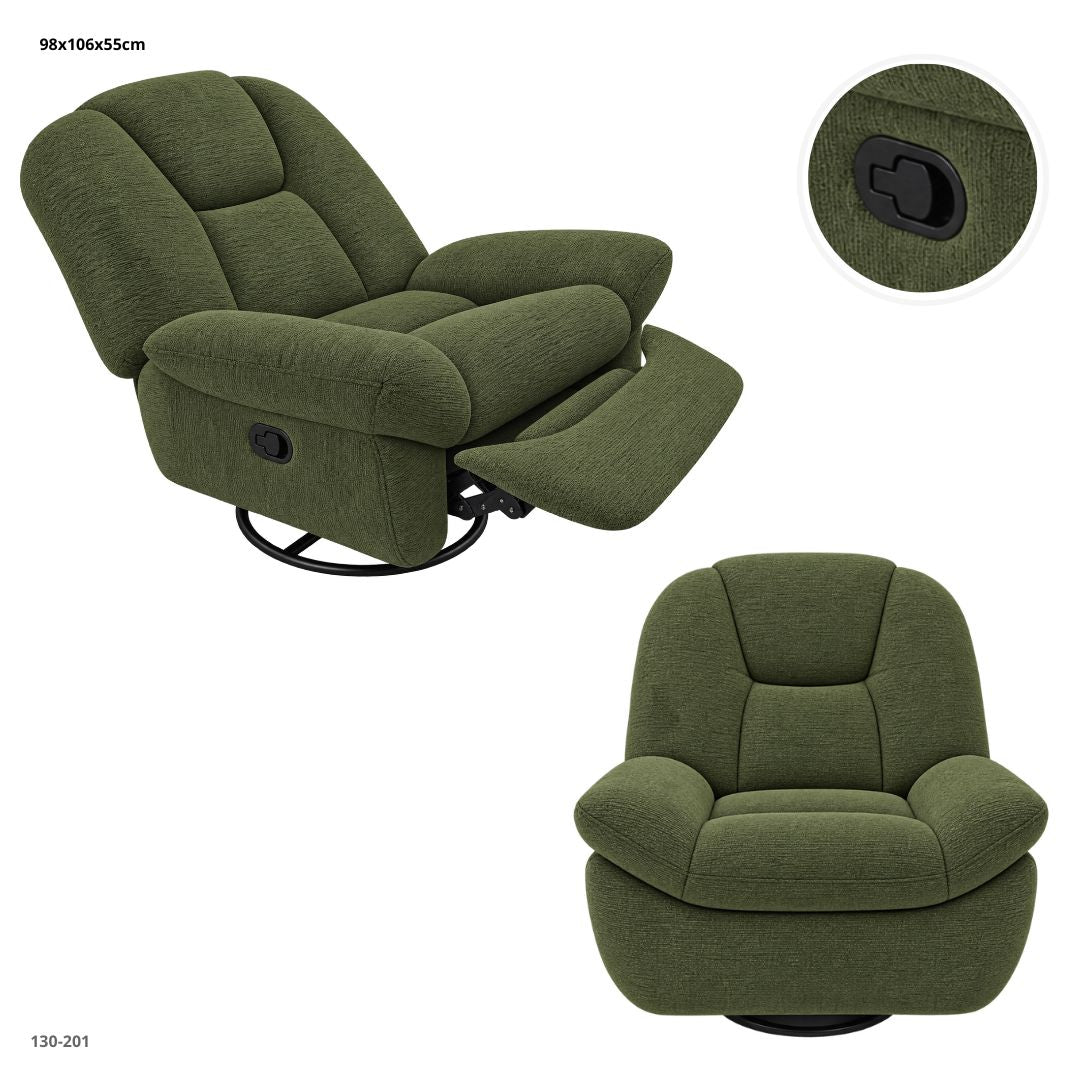 Sillón Reclinable Giratorio Mecedora Grande en Tela Chenille 104x93x105 cm Verde - Ref. 130-201