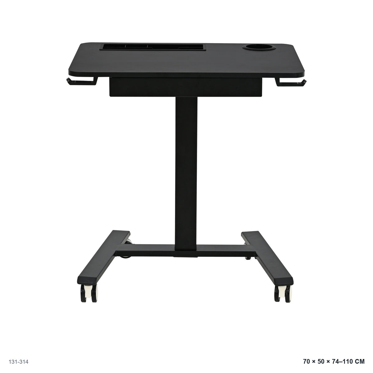 Escritorio Móvil Ajustable Negro con Ruedas 70x50 cm - vista frontal con medidas