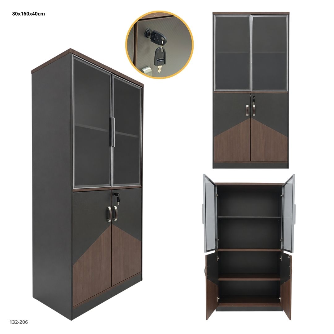 Librero de oficina 80x160x40 cm con puertas de vidrio y gabinete con llave (132-206)