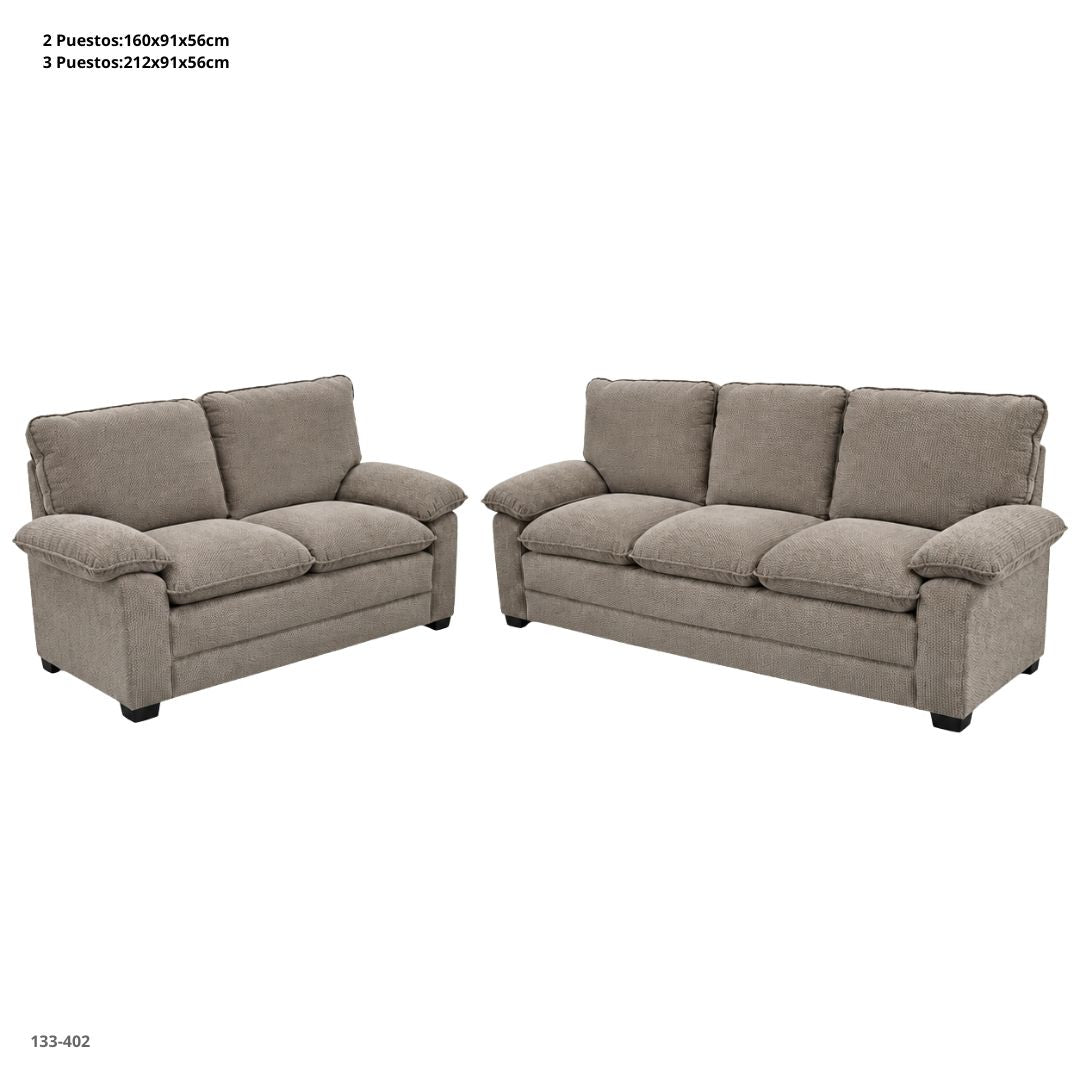 Juego de sala 5 puestos en tela beige, sofá de 3 y de 2 puestos (133-402)