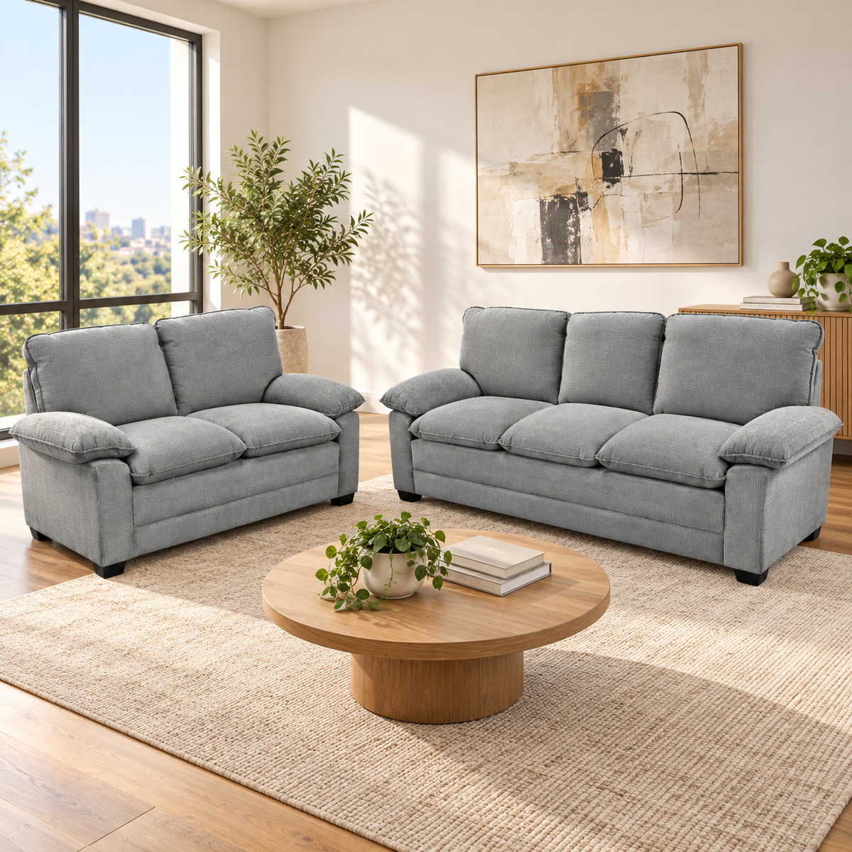 Juego de Sala 5 Puestos en Tela Gris Claro en ambiente de sala