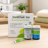 Tiras reactivas VivaChek Ino con envases en espacio de salud