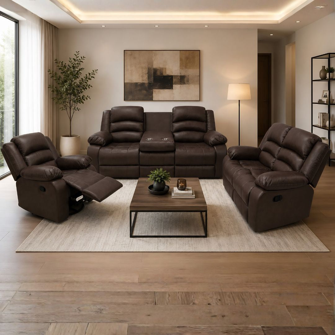 JUEGO DE SOFA CHOCOLATE RECLINABLE DE 3 PZA CUERO DE AIRE