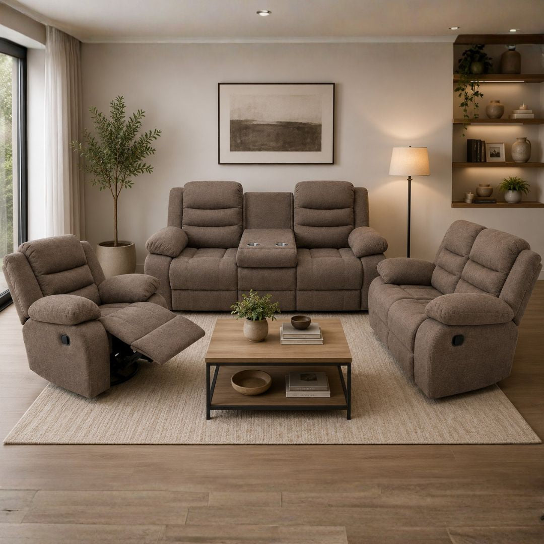 JUEGO DE SOFA CHOCOLATE RECLINABLE DE 3 PZA TELA