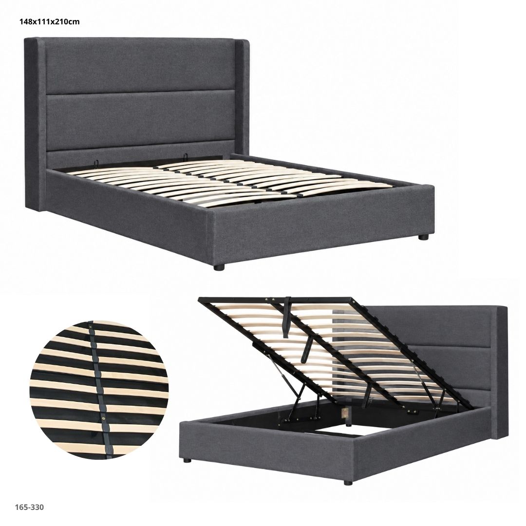 Cama con Depósito Elevable en Tela Gris Oscuro - Full, vistas y medidas (165-330)