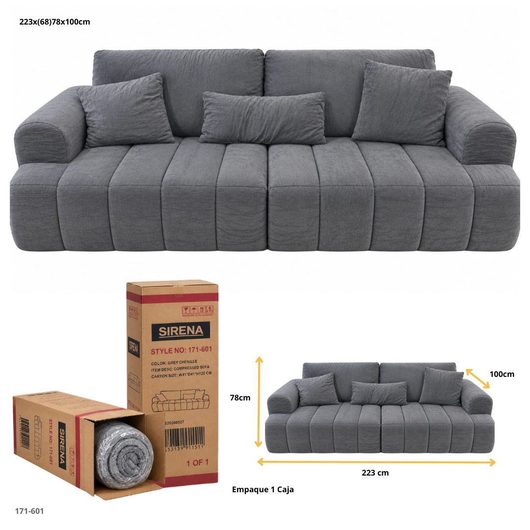 Sofá Comprimido 3 Puestos en Chenille Gris 223x78x100 cm - medidas y empaque en caja (171-601)