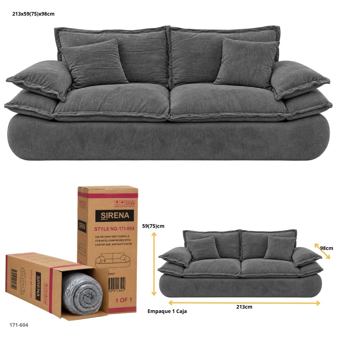 Sofá Comprimido Tipo Nube en Chenille Gris Oscuro 213x75x98 cm - medidas y empaque en caja (171-604)