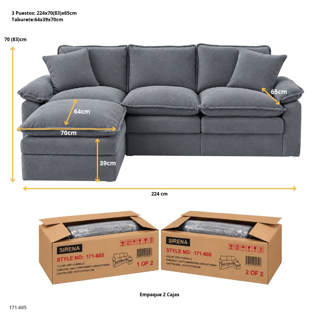 Sofá Comprimido en L de 3 Puestos con Taburete en Chenille Gris 224 cm - medidas y empaque en 2 cajas (171-605)