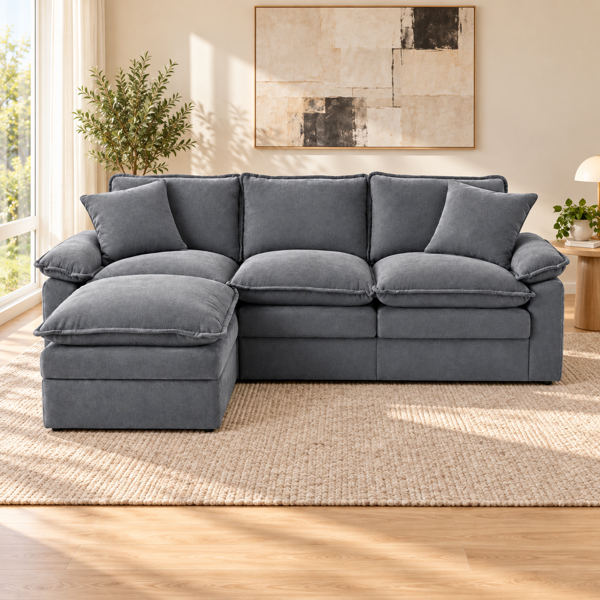 Sofá Comprimido en L de 3 Puestos con Taburete en Chenille Gris 224 cm en ambiente de sala con luz natural