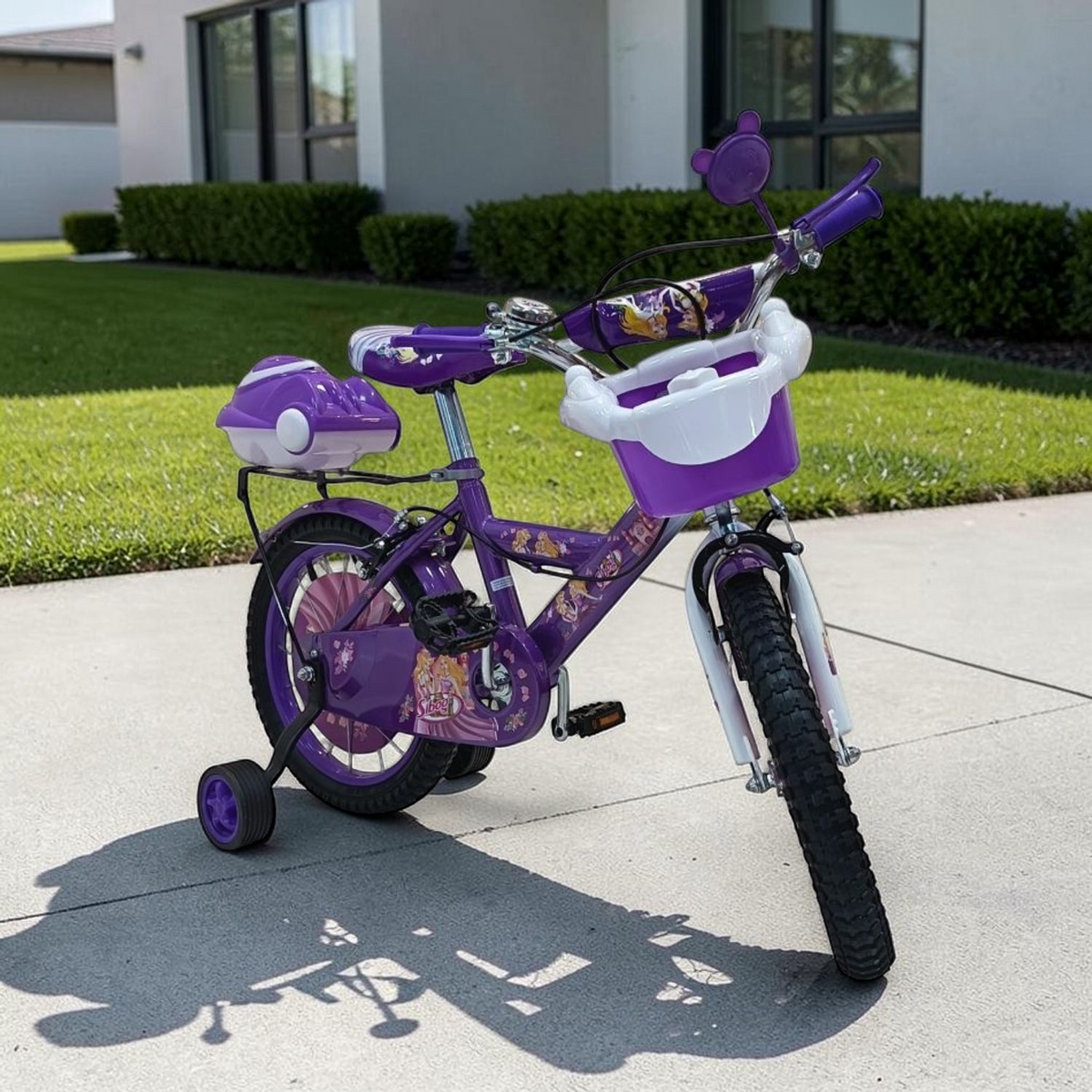 Bicicleta Infantil con Canasta, Portamuñeca y Casco 12" a 20" Morado en ambiente