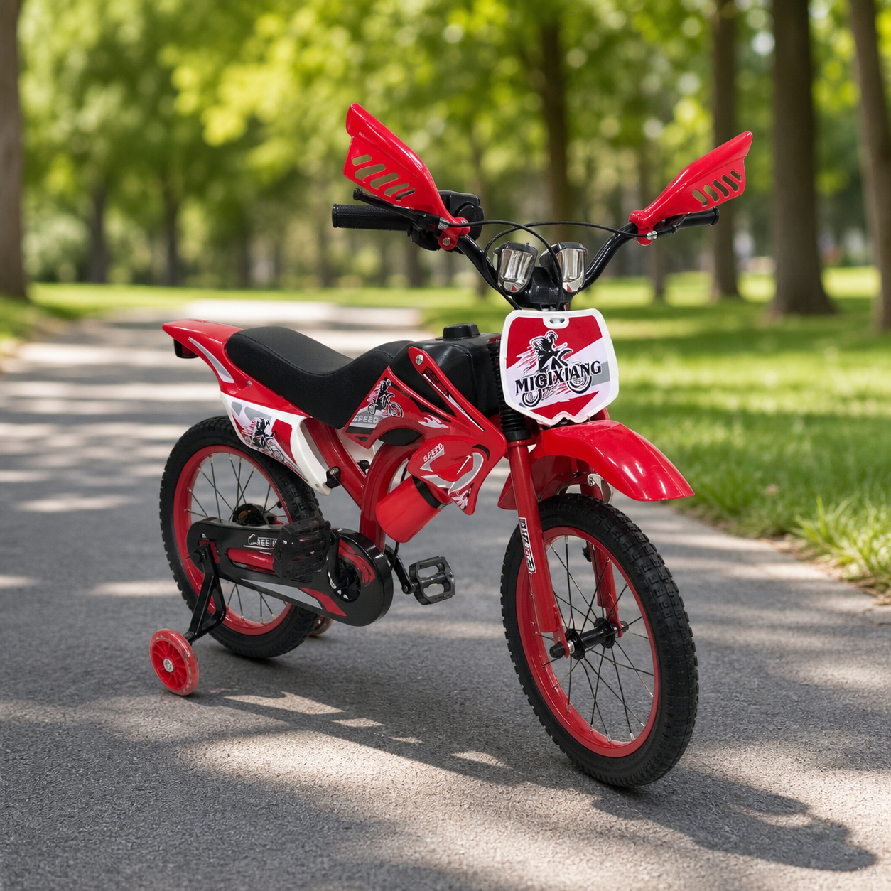 Moto Bicicleta Roja 16" en ambiente de parque