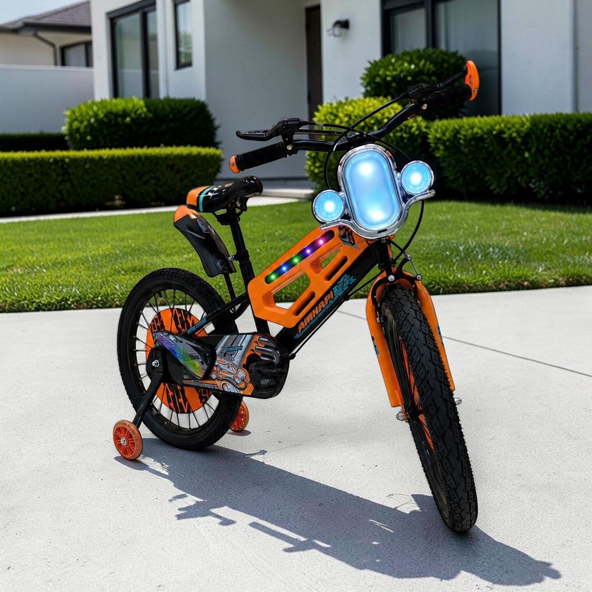 Bicicleta Infantil Tipo Moto con Luces LED 12" a 20" Naranja en ambiente