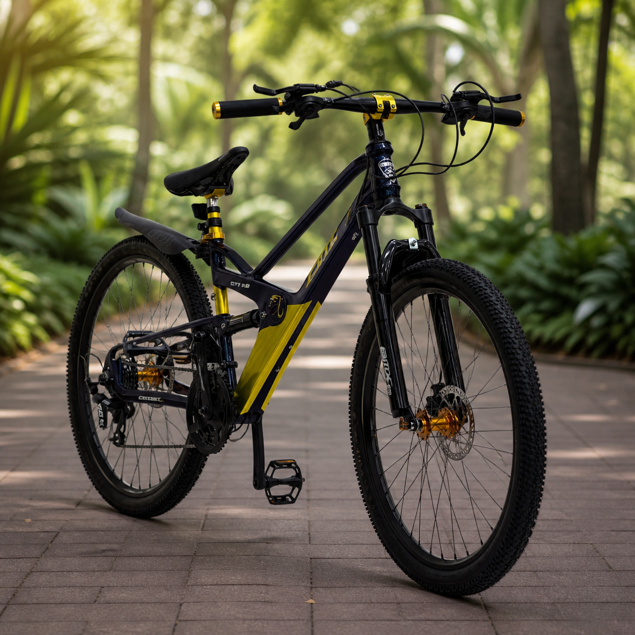 Bicicleta negra 27.5 pulgadas ambientada en exterior