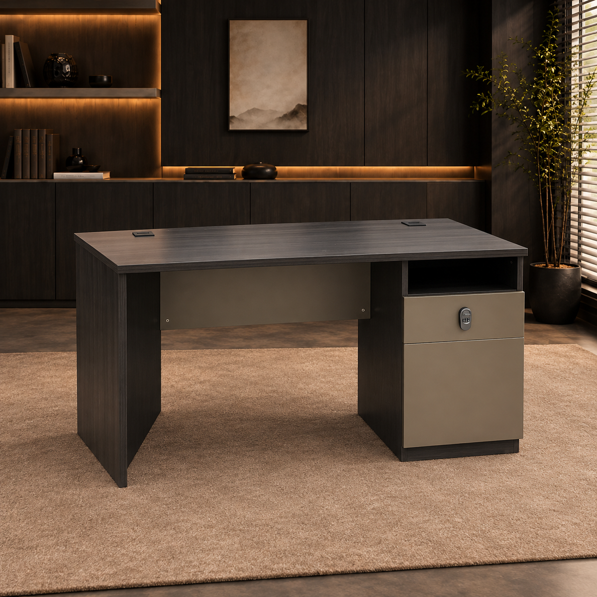 Escritorio 30-211-60 con gabinete en oficina de madera oscura e iluminación cálida