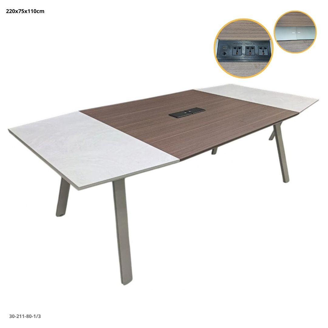 Mesa de Conferencia Chocolate y Gris 220x75x110 cm con Tomacorriente - Ref. 30-211-80-1/3
