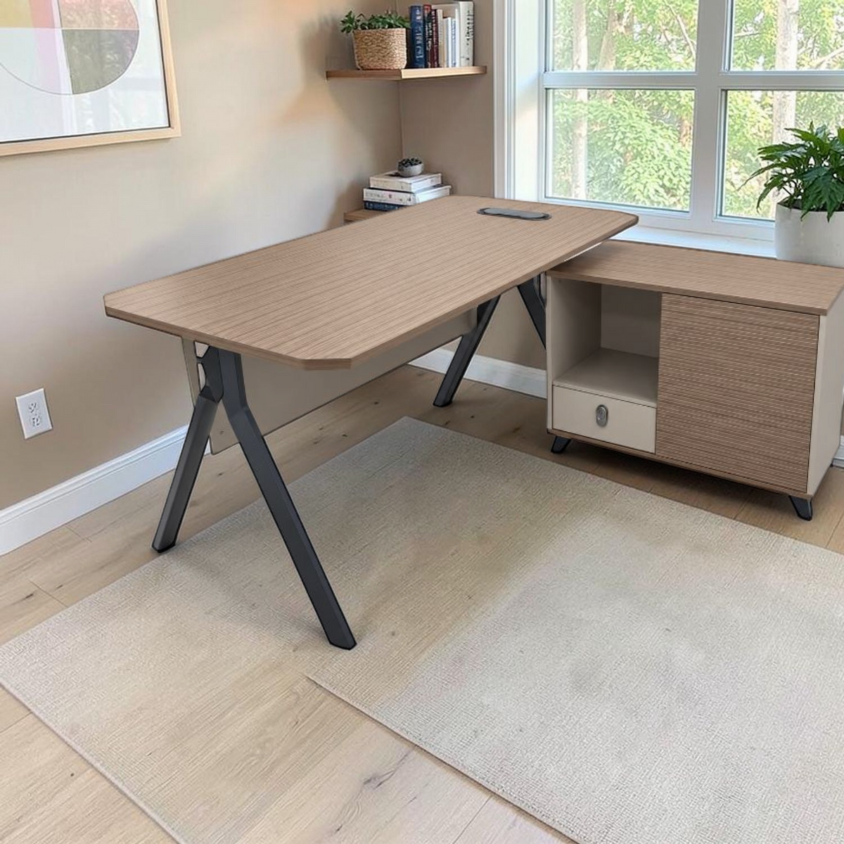 Escritorio en L de Oficina Khaki y Gris 160x75x80 cm con Mueble Lateral en ambiente